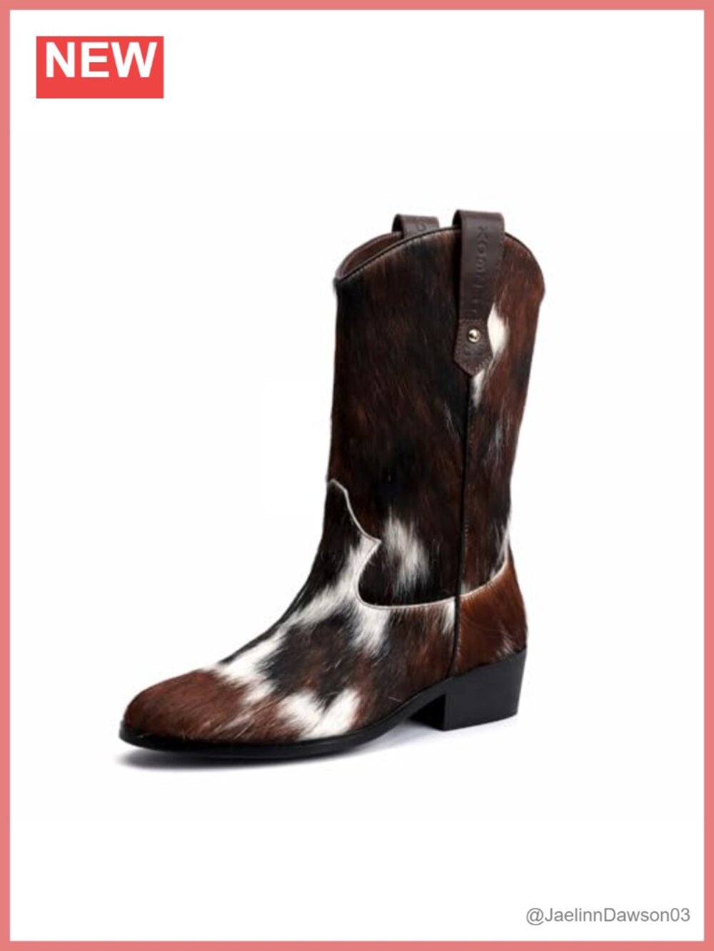 Genuine Tricolor Cowhide Leather Mid-Calf Pull-On Cowboy Boots, Western Round